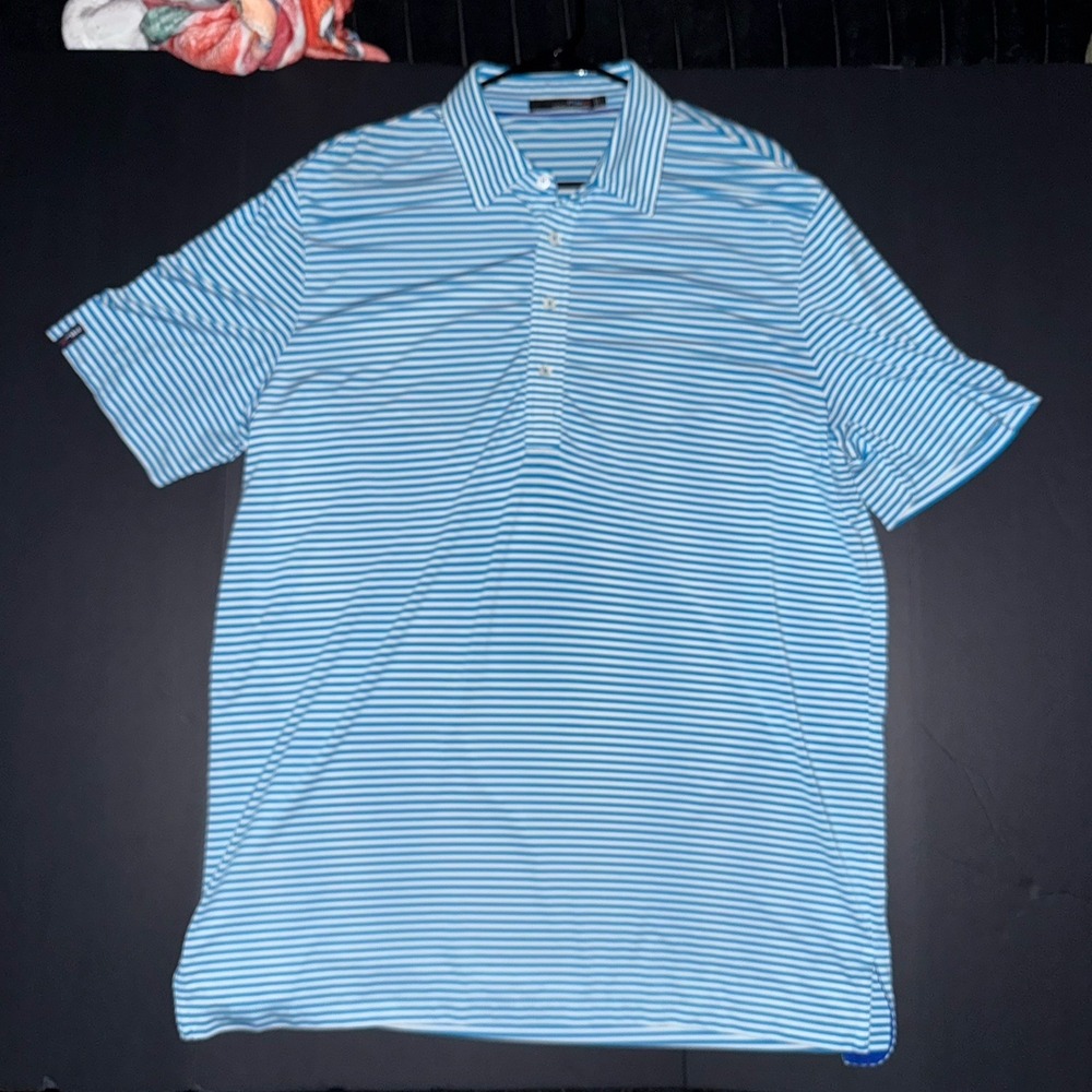 Men's Large RLX Ralph Lauren Polo  Blue White Striped Short Sleeve Richland